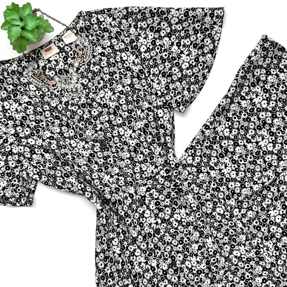 Levi's Brooks Caviar 90s Midi Dress Black White Daisy Floral Button Front V-Neck - Picture 2 of 12